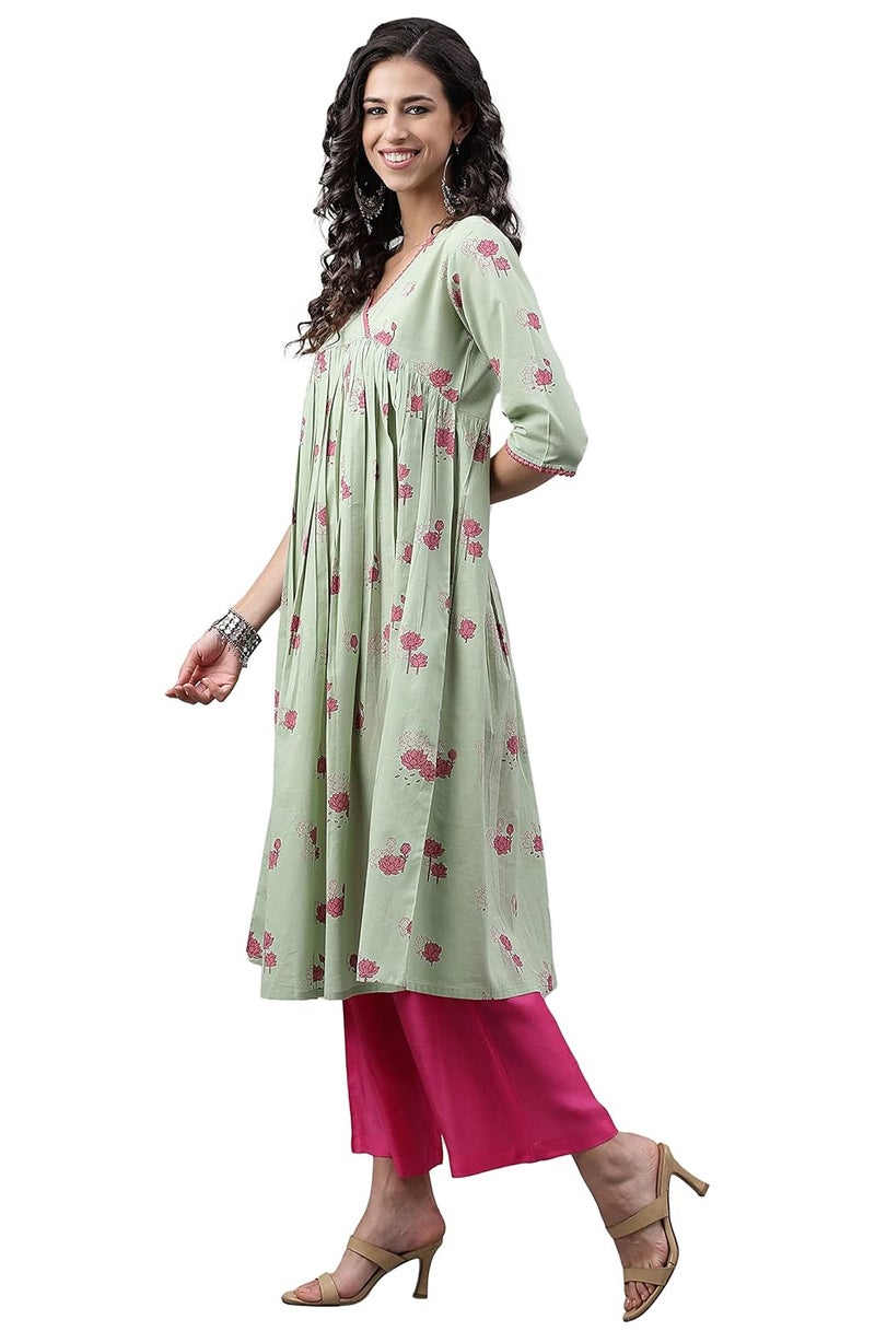 Janasya Women's Light Green Cotton Floral Printed Flared Kurta - Image 5